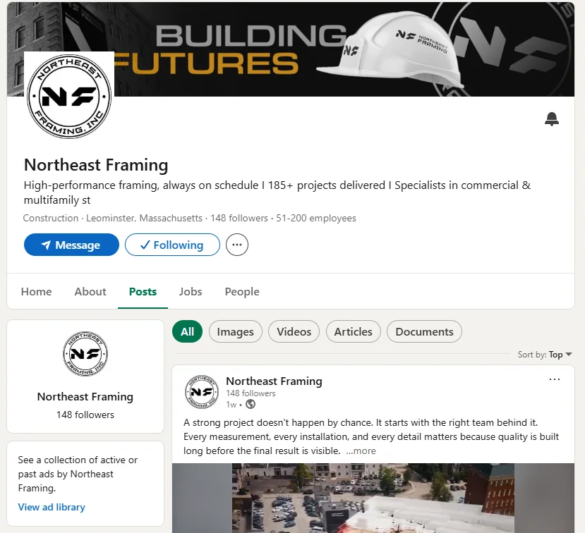 Northeast Framing B2B LinkedIn Management Showcase